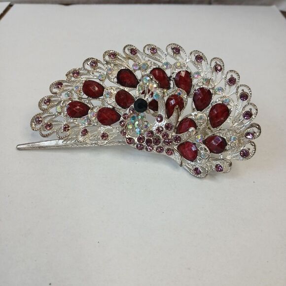 Peacock Inspired Design Metal Hair Clip Handmade W/ Purple Pink Rhinestones - Picture 1 of 4